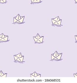 cute hand drawn paper ship seamless pattern, childish design, light colors, outlines