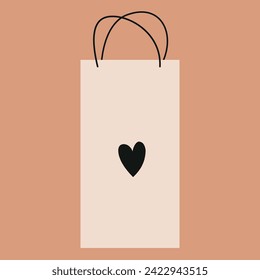Cute hand drawn paper shopping or gift bag with heart. Vector
