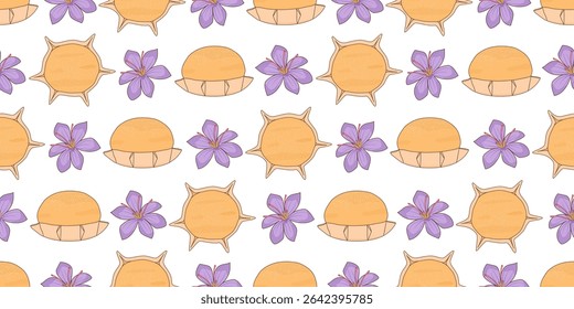 Cute hand drawn pardulas with saffron flowers traditional sardinian dessert food horizontal seamless vector pattern illustration on white background	