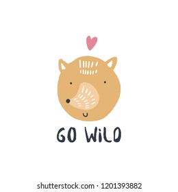 Cute hand drawn pastel nursery baby animal in love art. Pastel colors. Go wild funny text quote. Good for girls and boys prints. Positive postcard. Vector, clip art. Scandinavian doodle style