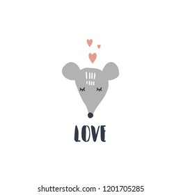 Cute hand drawn pastel nursery baby animal in love art. Pastel colors. Good for girls and boys prints, birthday invitations, cards. Positive postcard. Vector, clip art. Scandinavian doodle style