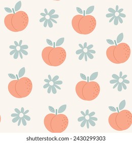 Cute hand drawn pastel peach and daisy flowers seamless vector pattern background illustration