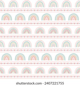 Cute Hand Drawn Pastel Rainbow Seamless Pattern. Abstract Love Rainbow with heart on white background. Vector Illustration for Valentines Day greetingcard, wrapping paper, fabric design print and more