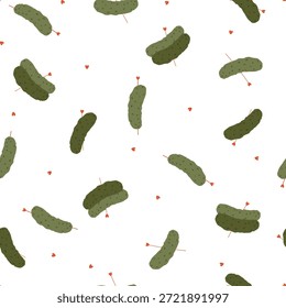 Nettes, handgezeichnetes Muster mit gebeizten Gurken und Herzen auf weißem Hintergrund. Vektorgrafik zum Verpacken von Papier, Karton, Stoff, Valentinstag.