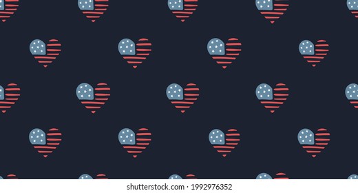 Cute hand drawn patriotic seamless pattern, US flag heart, great for textiles, banners, wrappers, wallpapers - vector design