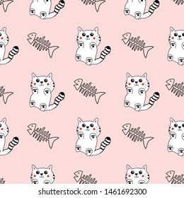 Cute hand drawn  pattern background with kittens/cats and fish bones. Perfect for scrap booking , textile nursery and home decor projects.