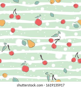 Cute Hand Drawn Pattern with berries of cherry. apple and pear. Great for wedding cards, postcards, t-shirts, bridal invitations, brochures, posters, gift wrapping, wall art, etc.Vector Illustration.
