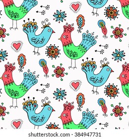 Cute hand drawn pattern with birds and flowers on pink background. 
