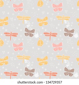 Cute hand drawn pattern with butterfly and flower. Abstract cartoon background. Vector illustration