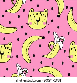 Cute hand drawn pattern with cartoon leopard and banana - vector seamless pattern