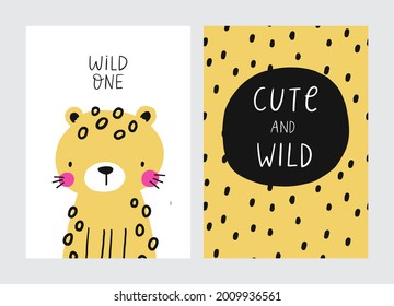 Cute hand drawn pattern with cartoon leopard and banana - vector print