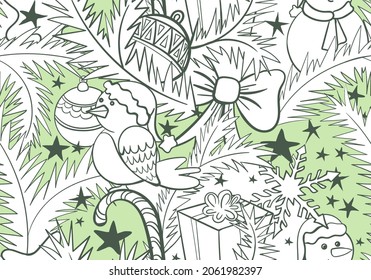 Cute hand drawn pattern with Christmas tree branches, ornaments, bullfinch, snowman and snowflakes. Christmas background. Festive Christmas print for printing on fabric and paper