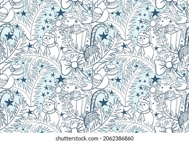 Patrón dibujado a mano con ramas de árbol de Navidad, ornamentos, bullfinch, snowman y copos de nieve. Fondo de Navidad. Impresión navideña festiva para imprimir sobre tela y papel