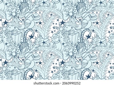 Patrón dibujado a mano con ramas de árbol de Navidad, ornamentos, bullfinch, snowman y copos de nieve. Fondo de Navidad. Impresión navideña festiva para imprimir sobre tela y papel