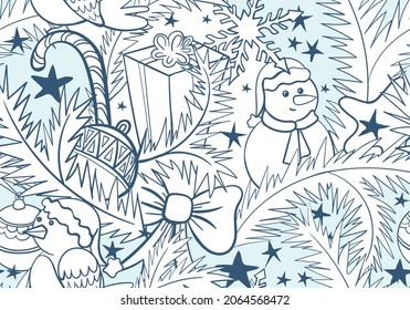 Cute hand drawn pattern with Christmas tree branches, ornaments, bullfinch, snowman and snowflakes. Christmas background. Festive Christmas print for printing on fabric and paper