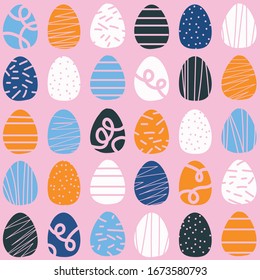 A cute hand drawn pattern of colourful Easter eggs on a pink background. Perfect for greeting cards, parties, background for your phone and laptop. Happy holidays! 