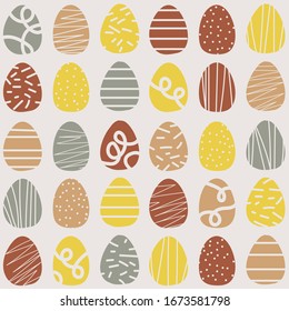 A cute hand drawn pattern of colourful paster colors Easter eggs on a beige background. Perfect for greeting cards, parties, background for your phone and laptop. Happy holidays! 