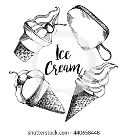 Cute hand drawn pattern with different types of ice cream. Background for cafe or restaurant menu.