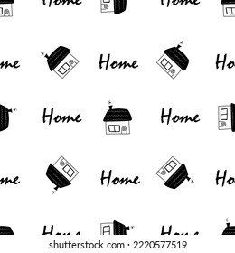 Cute Hand drawn pattern with doodle fairy tale house with window and text home for fabric, prints, kids. Vector illustration. 