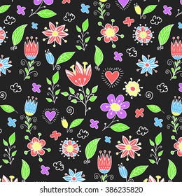 Cute hand drawn pattern with flowers and leafs.