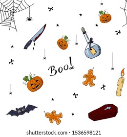 Cute hand drawn pattern of Halloween elements.
