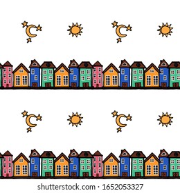 Cute hand drawn pattern with houses