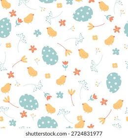 Lindo patrón dibujado a mano con pollitos amarillos, huevos azules y muchas flores diferentes sobre fondo blanco. Ilustración vectorial con flores y animales para Pascua.