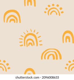 Cute hand drawn pattern with pastel rainbows. Vector background with boho elements. 