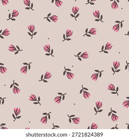 Lindo patrón dibujado a mano con flores y puntos rosados. Ilustración floral de Vector, patrón sin fisuras.