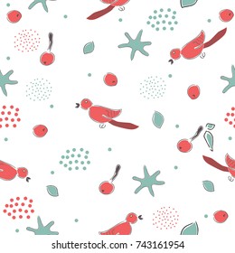 Cute Hand Drawn Pattern With Red Bird. Great for Wall Art, t-shirts, cups, fabric, textile, gift wrapping, swatches, prints, scrapbooks, etc. Vector Illustration.
