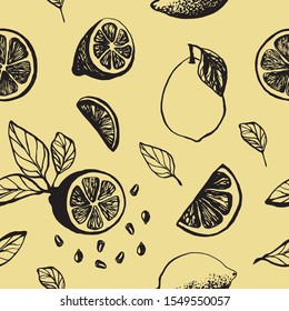 Cute hand drawn pattern with slices lemon with leaves and seeds for menu or recipe. Doodle vector illustration. Fresh and tasty.