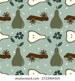 bonito mão desenhado peras com canela vetor vetor vetor vetor sem costura ilustração com flores verdes e folhas no fundo verde hortelã