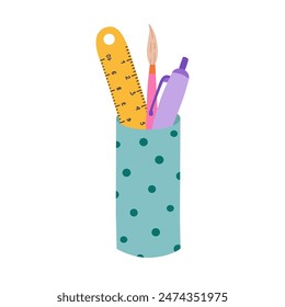 Cute hand drawn pencil cup with dot pattern in cartoon style. Stationery container with mechanical pen, ruler, brush. School cup and holder case for office supplies. Vector back to school clipart.