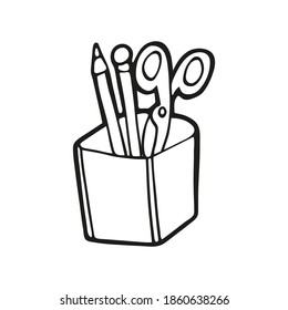 Cute hand drawn pencil holder with pencils and scissors on white background. Funny element in doodle style for card, social media banner, logo, sticker, decoration kids playroom. Vector illustration.