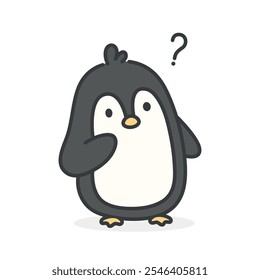 Lindo pingüino dibujado a mano haciendo una pregunta, adorable pingüino kawaii animal con signo de interrogación, pensando en soluciones