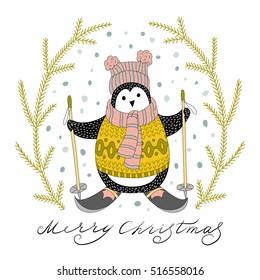 Cute hand drawn penguin by ski - Merry Christmas greetings