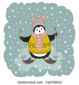 Cute hand drawn penguin by ski - Merry Christmas greetings