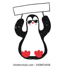 Cute hand drawn penguin character cartoon with signboard and sunglasses. Christmas penguin. Adorable funny snow animal, cute vector baby penguin