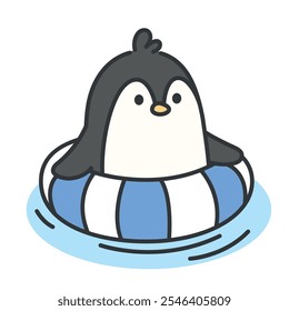 cute hand drawn penguin with a float, adorable kawaii style penguin animal in summer with float, summer day with penguin