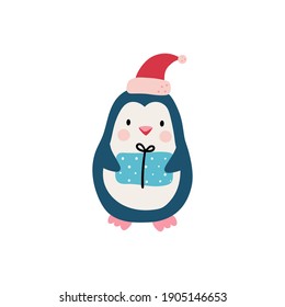 Cute hand drawn penguin with gift for Merry Christmas. Vector illustration on white background