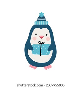 Cute hand drawn penguin with gift for Merry Christmas. Vector illustration