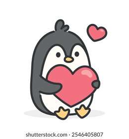 Lindo pingüino dibujado a mano con un corazón, adorable pingüino de estilo kawaii animal abrazando un corazón, día de San Valentín con el pingüino