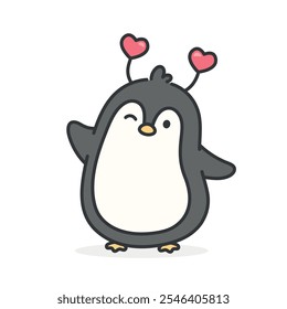 cute hand drawn penguin with hearts on his head, adorable kawaii style penguin animal in love, valentine's day with penguin