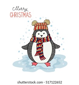 Cute hand drawn penguin - Merry Christmas greetings