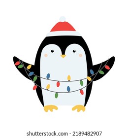 Cute hand drawn penguin in red hat with lights. Cartoon character for winter Christmas design. Isolated vector illustration 