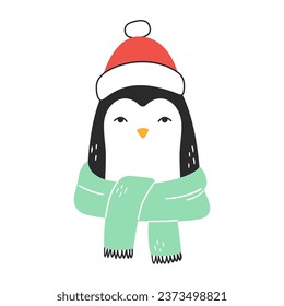 Cute hand drawn penguin wearing hat and scarf. Funny christmas bird for kids design. Doodle animal character illustration for winter card, poster, invitation, print. Vector drawing