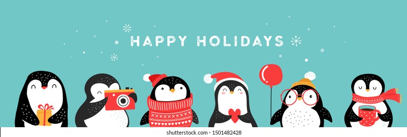 Cute hand drawn penguins collection, Merry Christmas greetings. Vector illustration