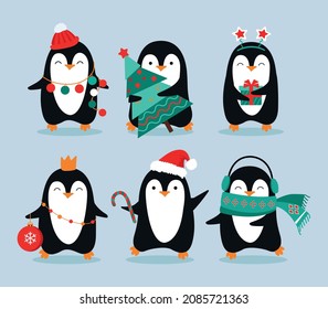 Cute hand drawn penguins collection. Vector illustration