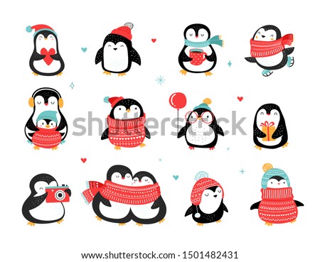 Cute hand drawn penguins collection, Merry Christmas greetings. Vector illustration