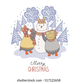Cute hand drawn penguins making a snowman - Merry Christmas greetings